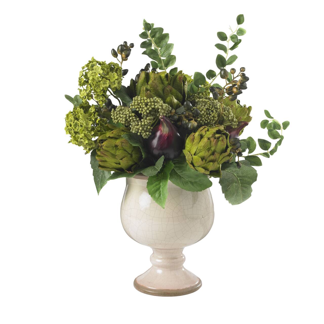 15" Artichoke & Hydrangea Arrangement in White Ceramic